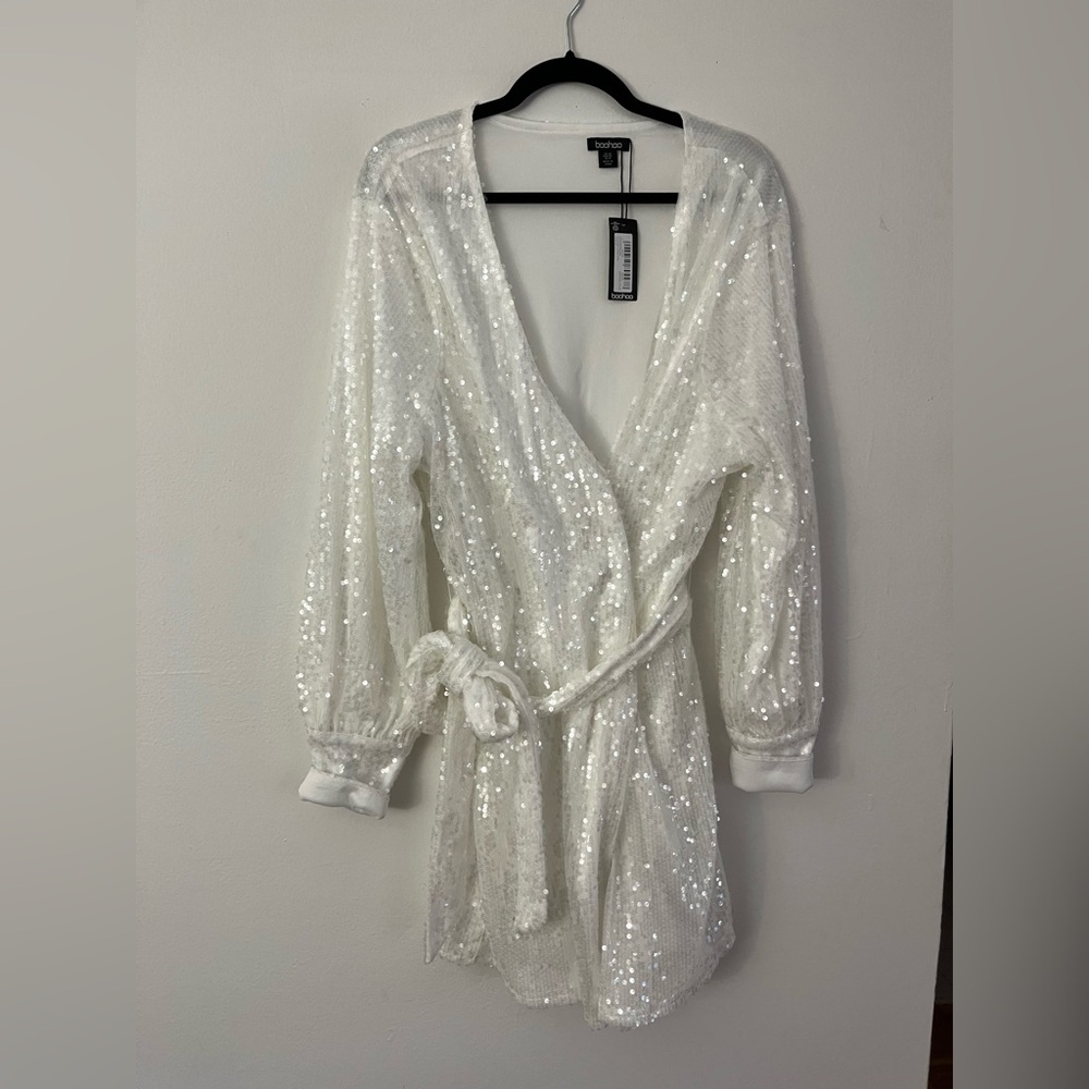NWT Boohoo White Sequin Wrap Dress